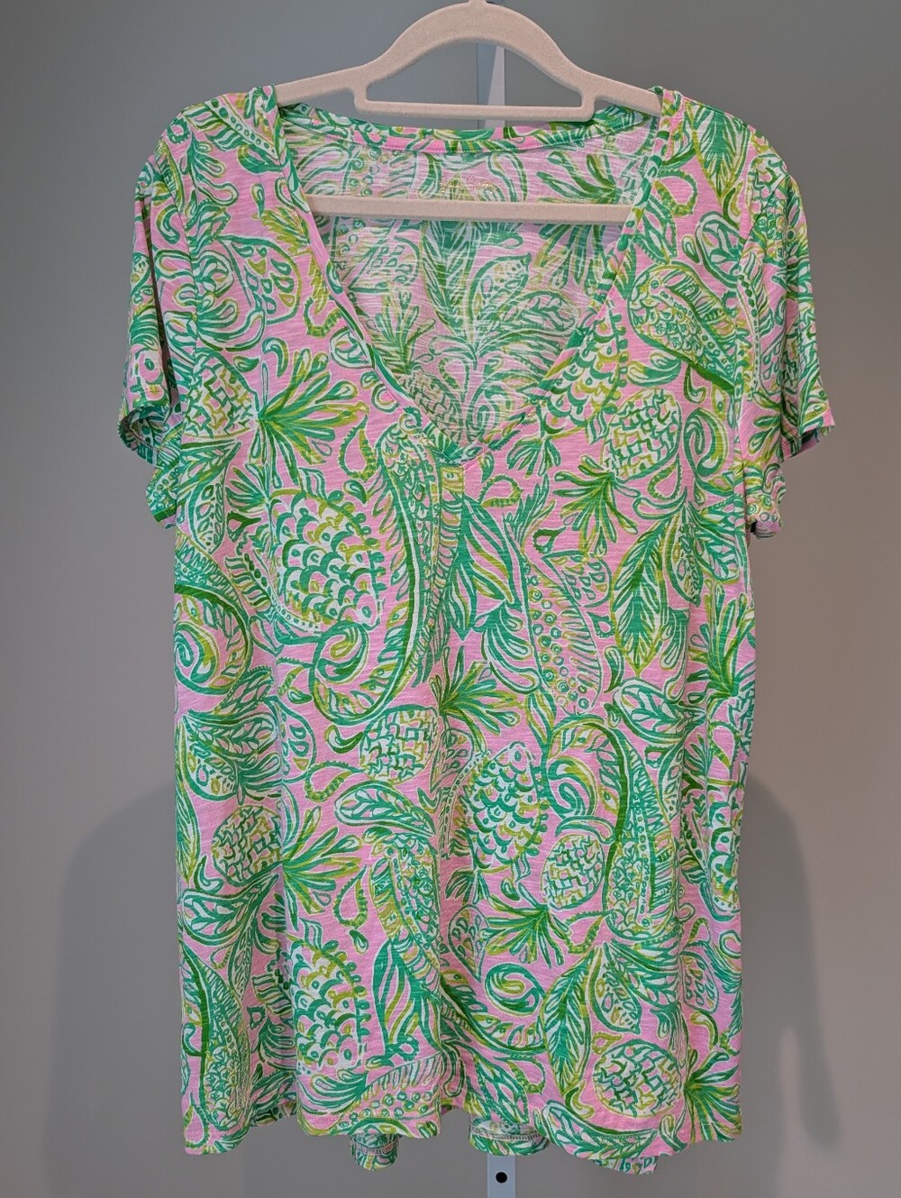 Lilly Pulitzer Etta Top Shirt Mandevilla Baby Fins & Flippers, Sz L Pink Green